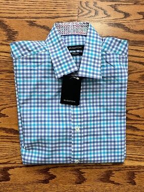Bugatchi Plaid Dress Shirt in Blue and Turquoise